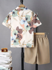 Boys Floral Shirt & Shorts Set, Casual Kids Clothes