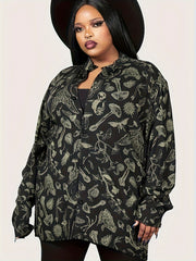  Goth Blouse Mushroom Print Button Up Mock Neck Blouse