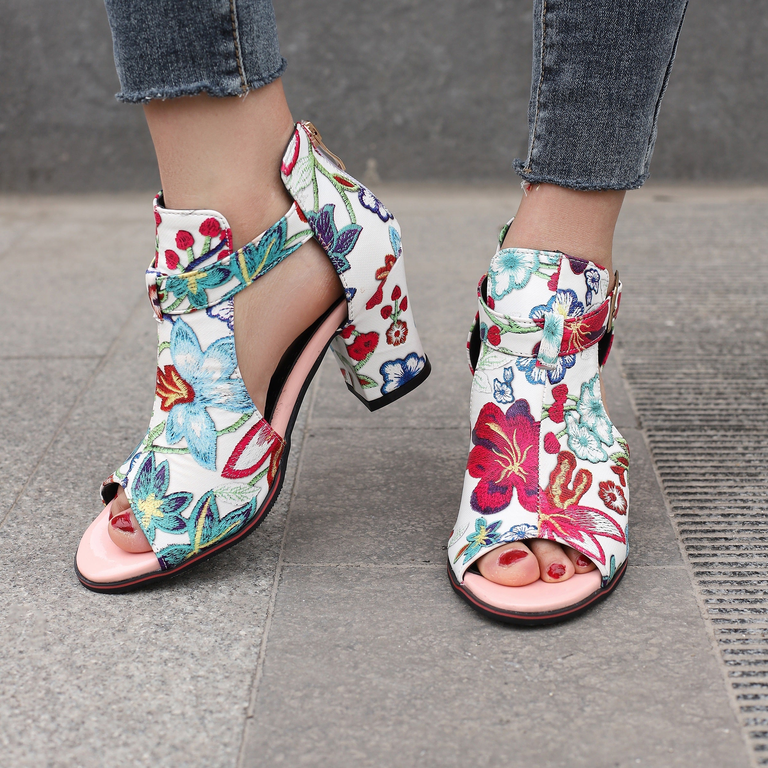 Flower Pattern Block Heels Comfortable Open Toe Sandals