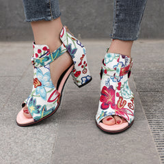 Flower Pattern Block Heels Comfortable Open Toe Sandals