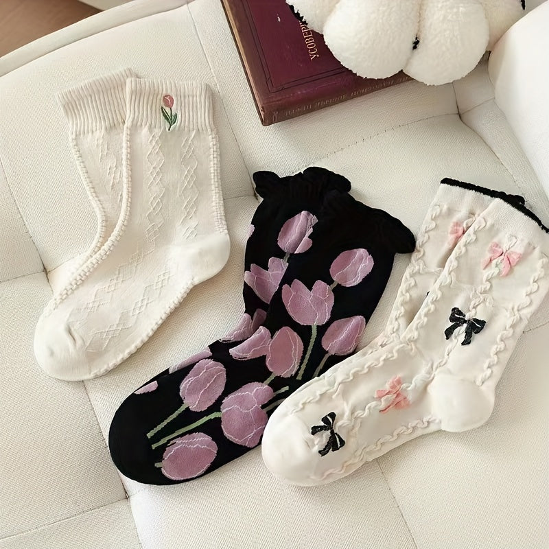 5 Pairs Cute Pattern Mid Tube Socks for Women