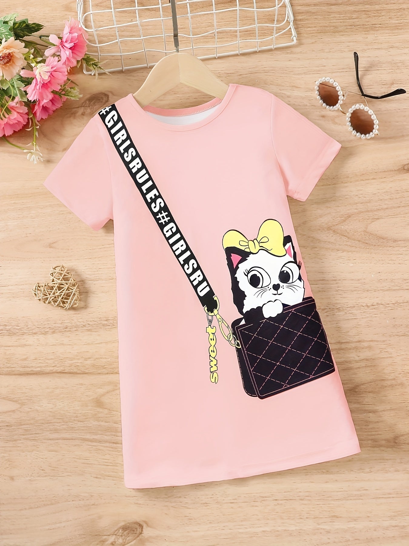 Girls Casual Kitten Graphic Dress for Summer Holiday Party Kids Clothes