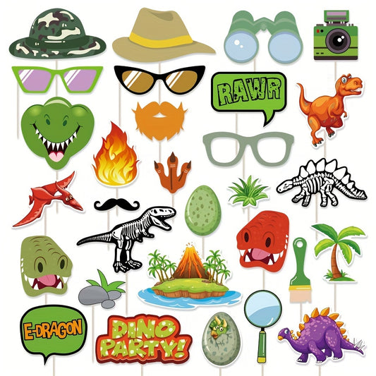 Dinosaur Themed Photo Booth Props Set with Bamboo Sticks & Glue Points