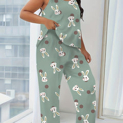 Bunny Print Pajama Set Sleeveless Cami Top & Pants Women's Sleepwear