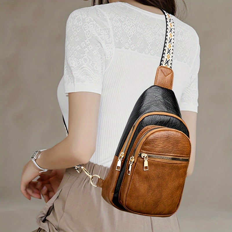 Women's Two Tone PU Leather Sling Chest Bag