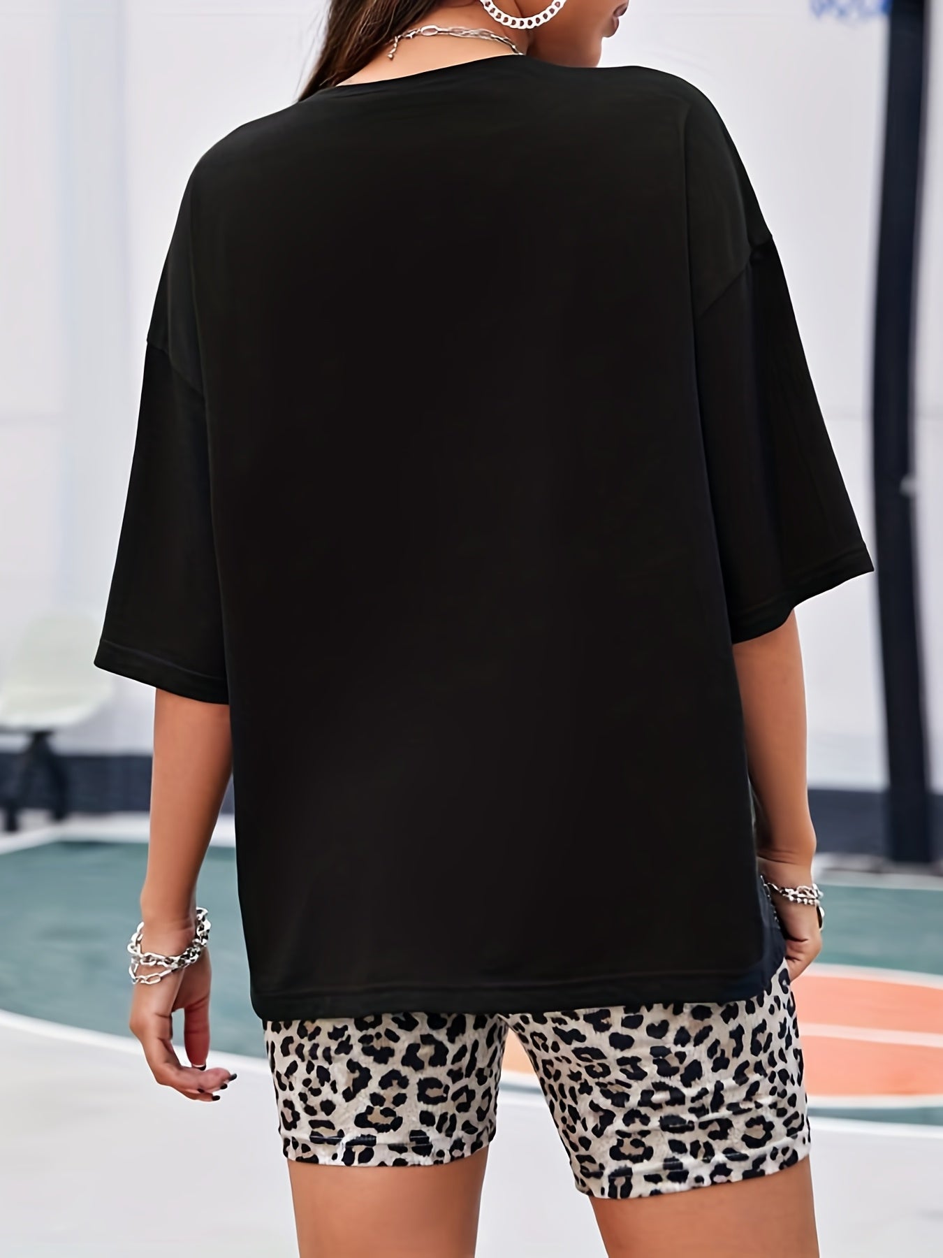 Letter Print T shirt & Leopard Print Shorts Set Women's Outfits