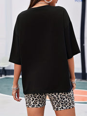 Letter Print T shirt & Leopard Print Shorts Set Women's Outfits