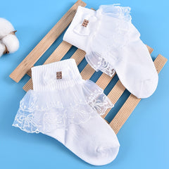 3 Pairs Girls Lace Brim Ruffled Bow Knit Crew Socks