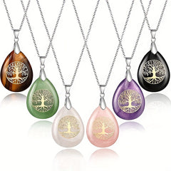 Life Tree Teardrop Crystal Pendant Necklace Chakra Charms for Women