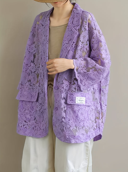 Lace Open Front Blazer Casual Lapel Blazer For Spring & Summer