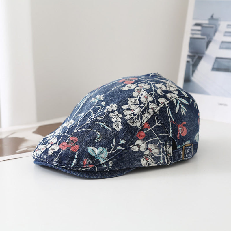 Y2K Floral Print Beret Denim Vintage Women Peaked Cap