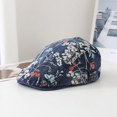 Y2K Floral Print Beret Denim Vintage Women Peaked Cap