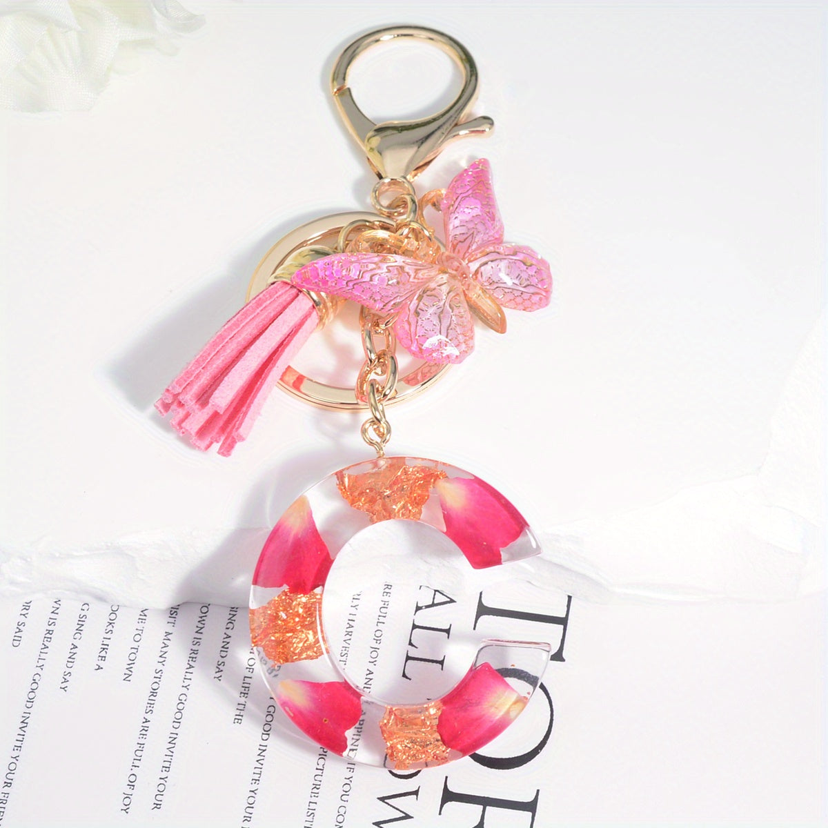 Resin Floral Letter Keychain with Tassel & Butterfly Pendant