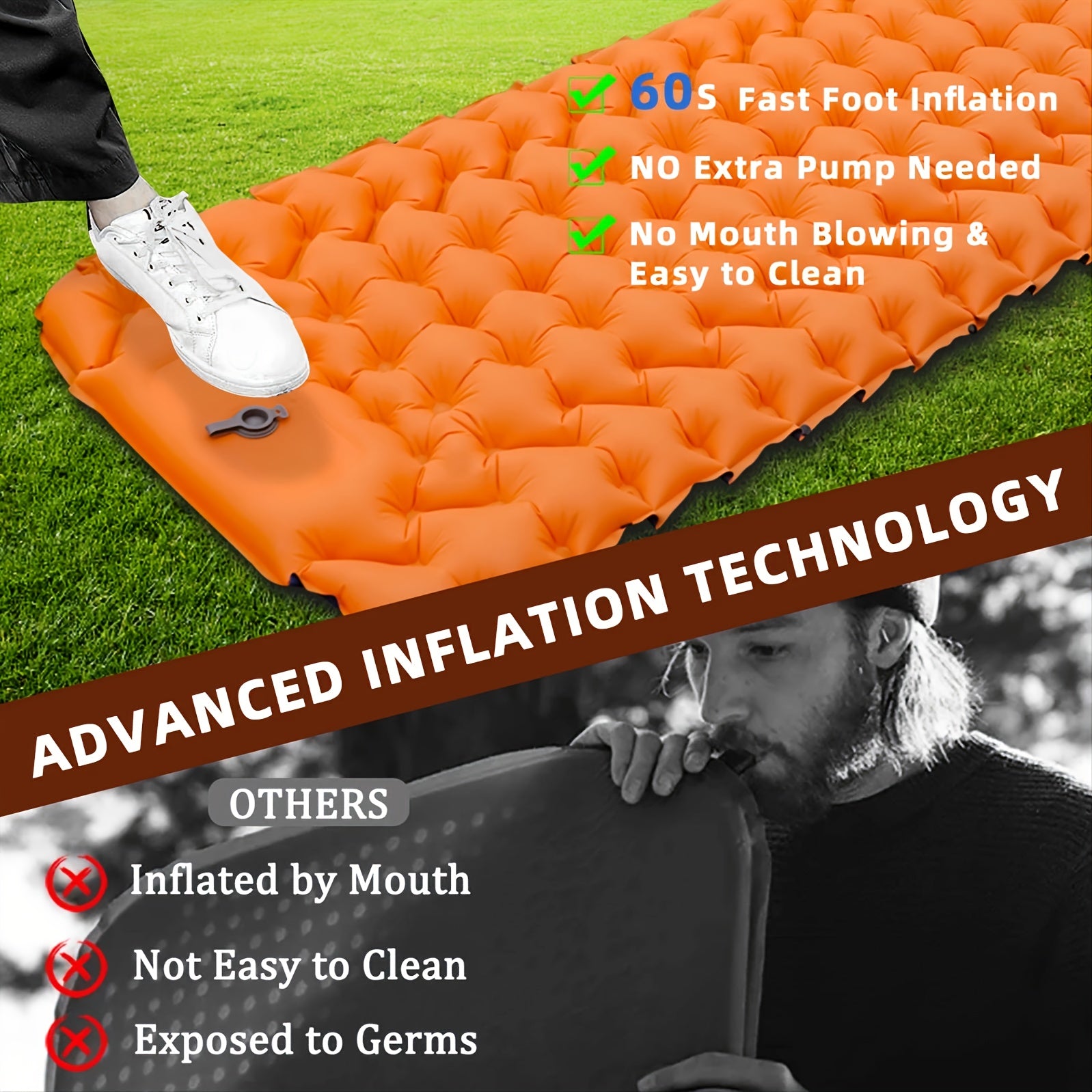 Ultralight Inflatable Camping Pad Mattress with Pillows & Inflator Pump