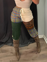  Retro Pants Women's Plus Patchwork Print Drawstring Elastic High Rise