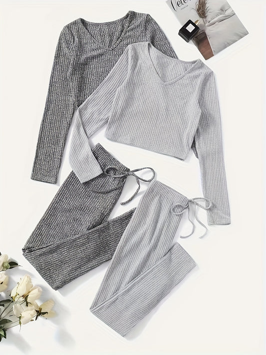 Solid Ribbed Lounge Set V Neck Top & Elastic Waistband Pants