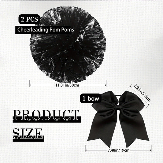 3pcs Cheer Pom Poms & Large Cheer Hair Bow Set - Metallic Accessory