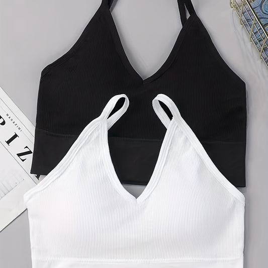 2pcs Ribbed Cami Tops V Neck Hollow Out Crop Top Women's Lingerie