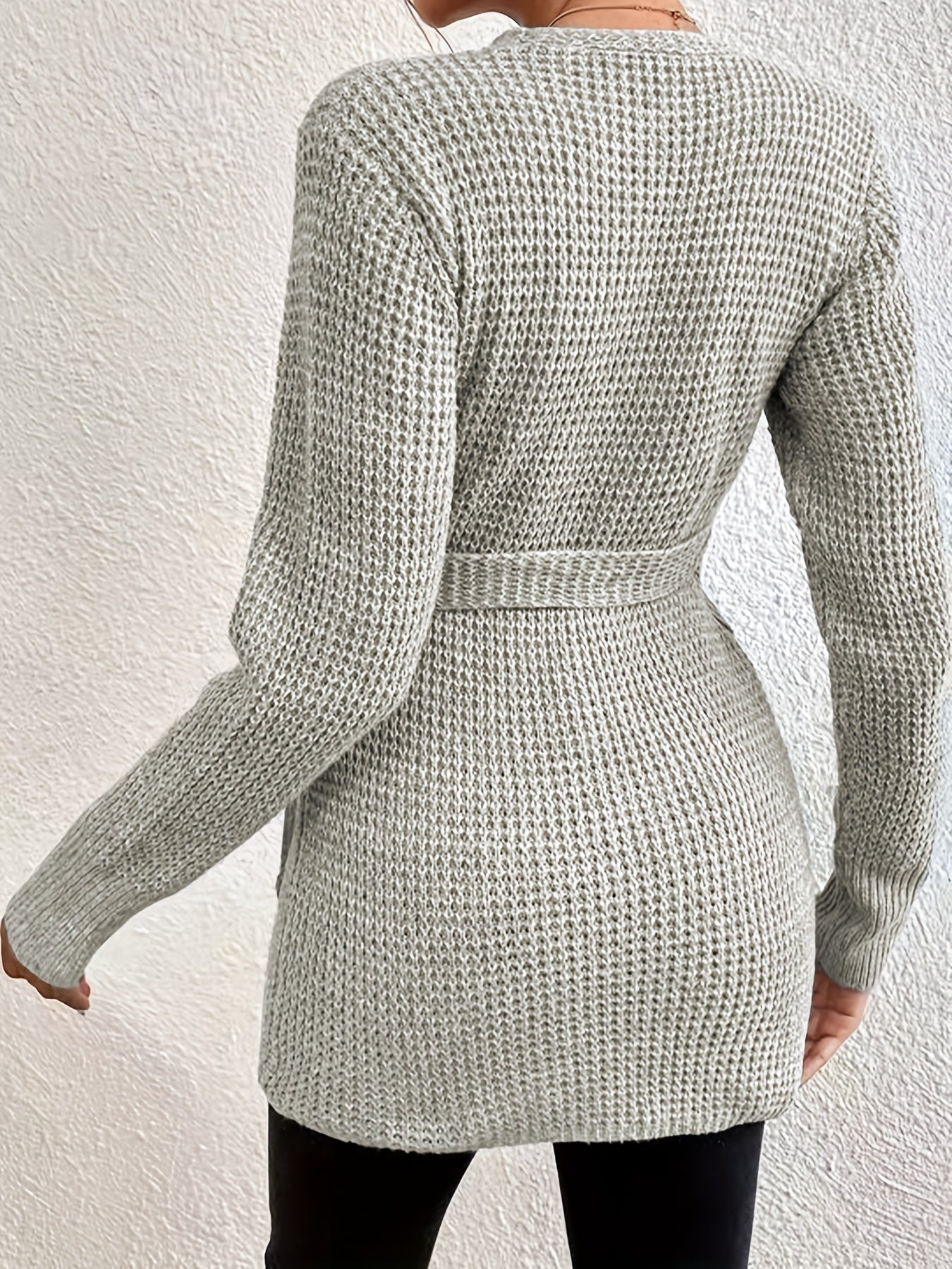  Casual Sweater Solid Long Sleeve Surplice Neck Knot Wrap