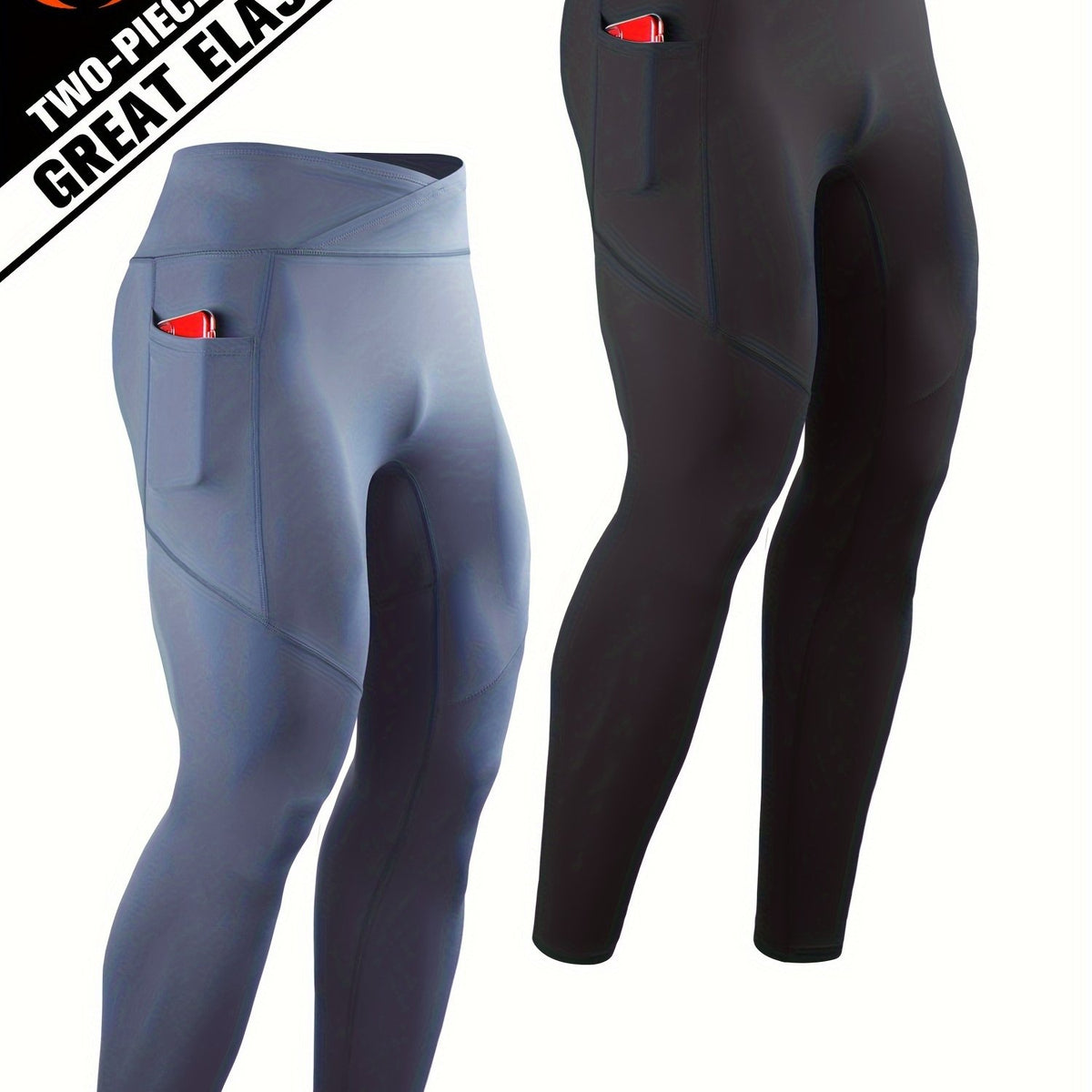 Men's Solid Pocket Leggings Active Compression Pants For Outdoor Running