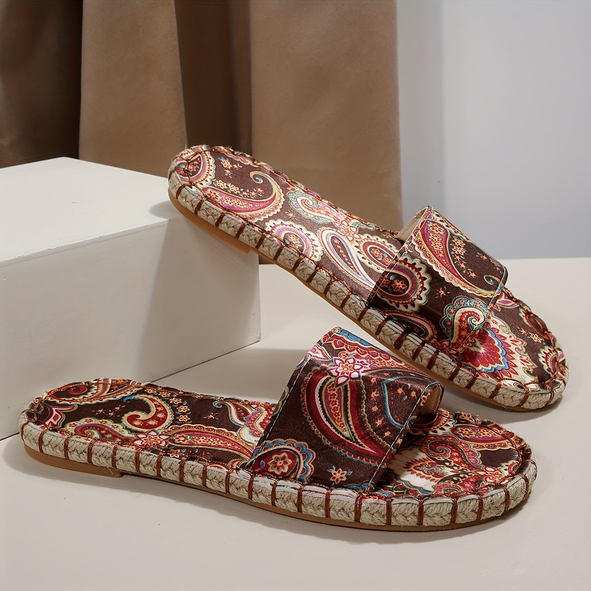 Women's Print Slide Sandals Casual Linen Platform Slippers