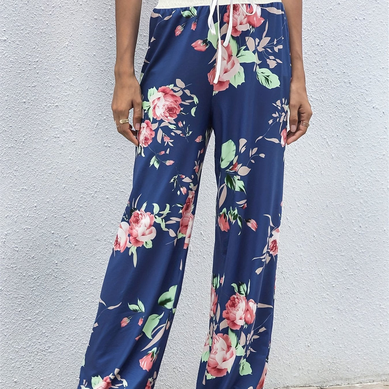  Floral Print Wide Leg Trousers Elastic Drawstring High Rise Pants