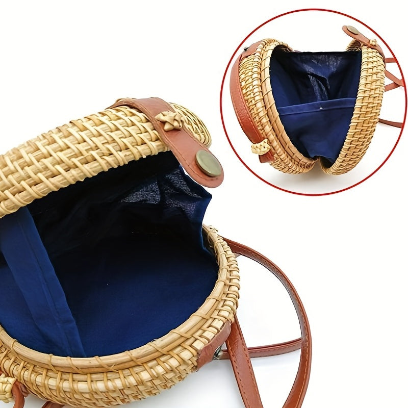 Boho Style Round Rattan Woven Bag Square Beach Straw Crossbody Purse