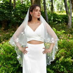Romantic Floral Bridal Veil with Pearl Detailing for Outdoor Weddings