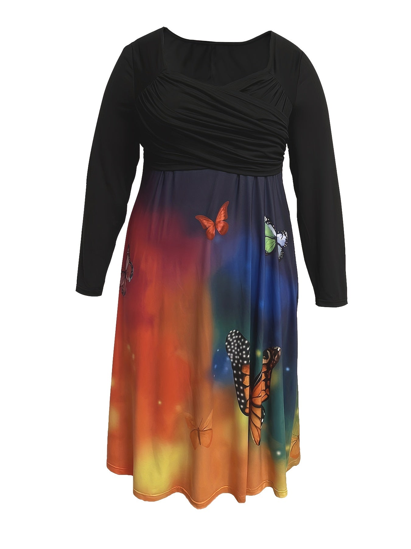  Colorblock Ombre & Butterfly Print Long Sleeve Dress
