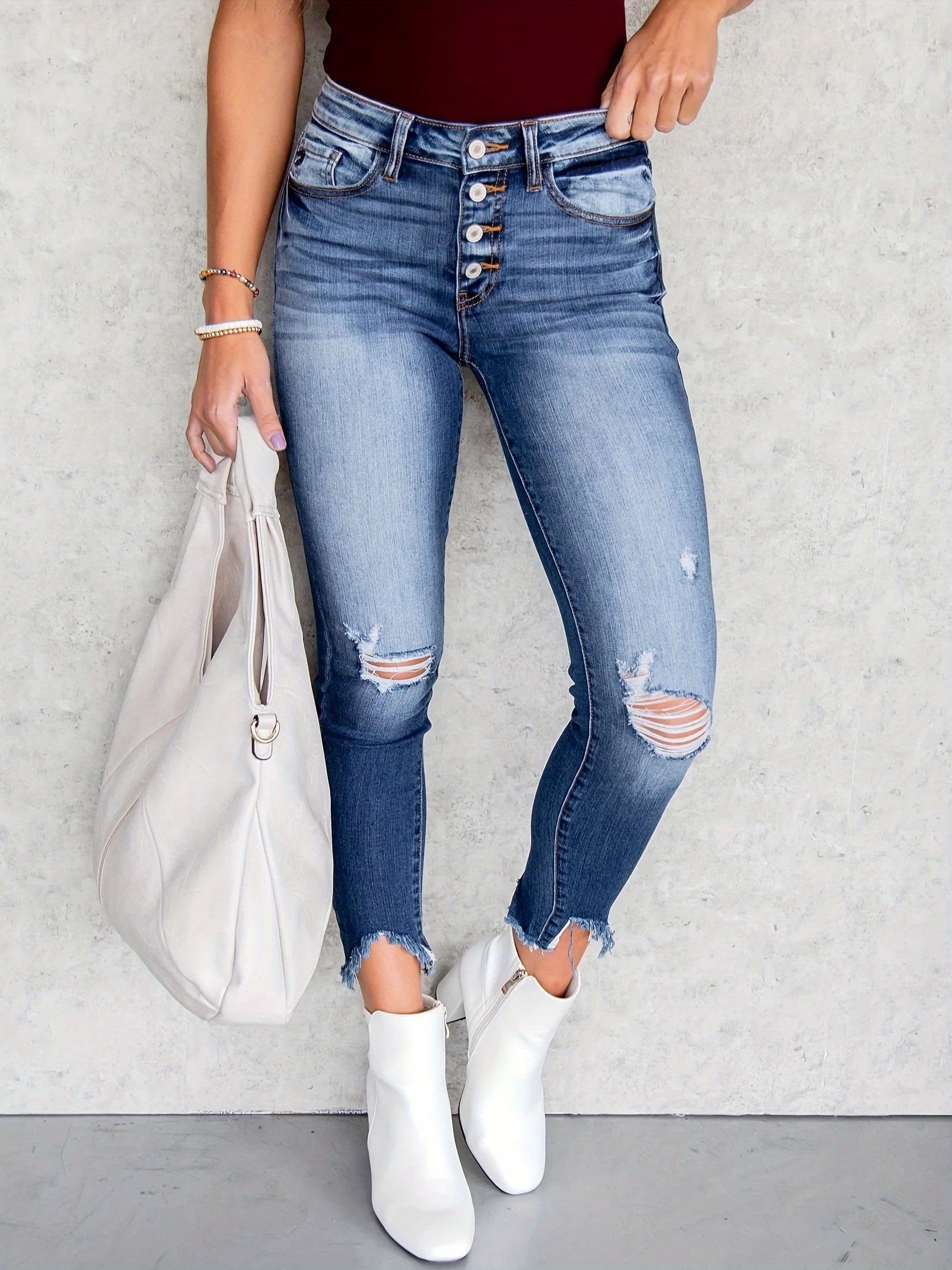  Ripped Button Fly High Rise Jeans