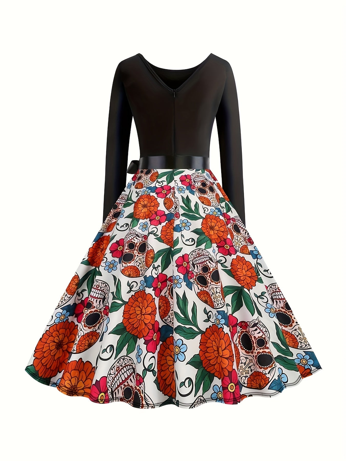  Gothic Floral & Skull Print Swing Dress