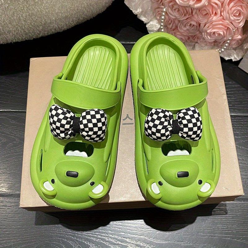 Women's Bear Clogs Checkered Bowknot Closed Toe Sandals
