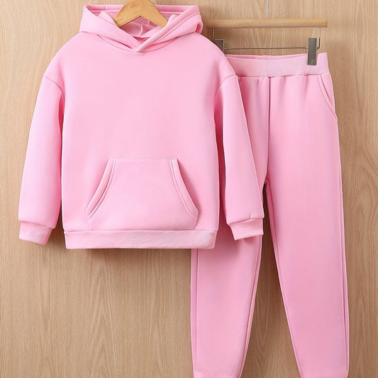 2Pcs Girls Fleece Sports Hoodie And Pant Suit Set