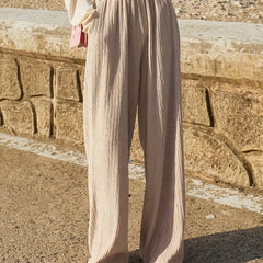  Wide Leg Trousers Solid Ribbed Elastic High Rise Casual Pants