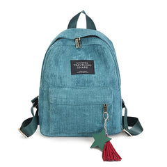 Corduroy Backpack with Letter Patch Solid Zipper Preppy Tassel Decor