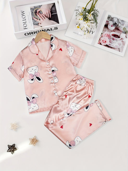 Girls Rabbit Graphic Pajama Set Short Sleeve Top & Pants Sleepwear