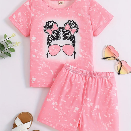 2pcs Toddler Girls Tie Dye Bow Figure Graphic T Shirts & Shorts Set