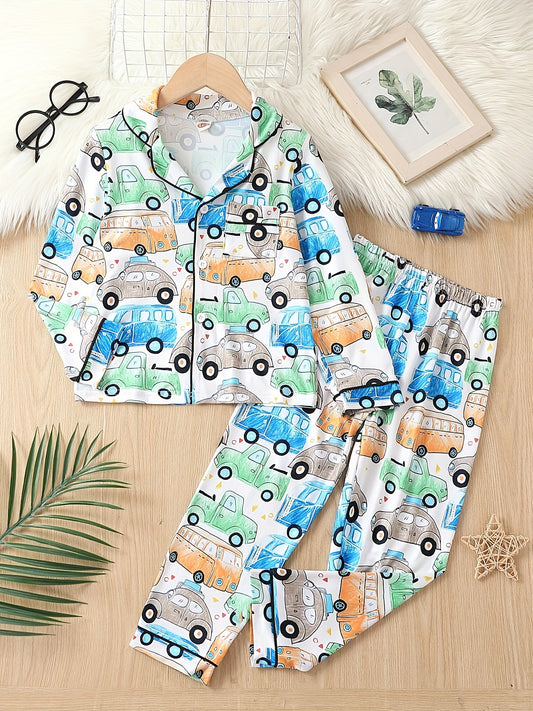 Boy's Graffiti Car Print Pajama Set Long Sleeve Top & Pants