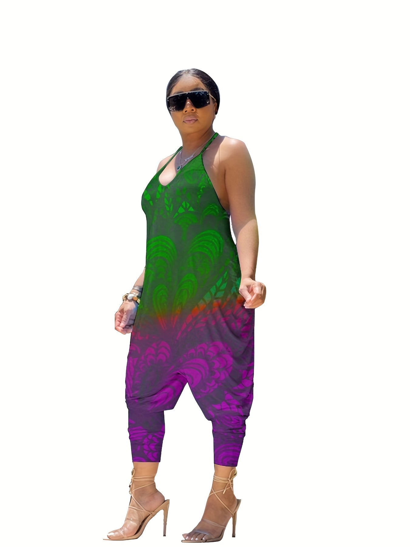 Printed Harem Jumpsuit Spaghetti Neck Baggy Jumpsuit