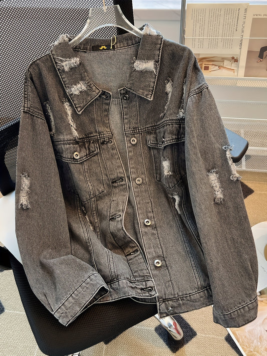  Solid Button Long Sleeve Denim Jacket