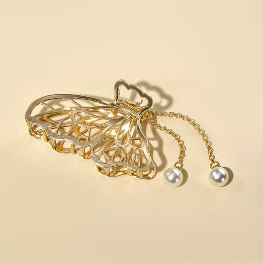 Alloy Hair Claw Faux Pearl Tassel Nonslip Ponytail Holder Shark Claw