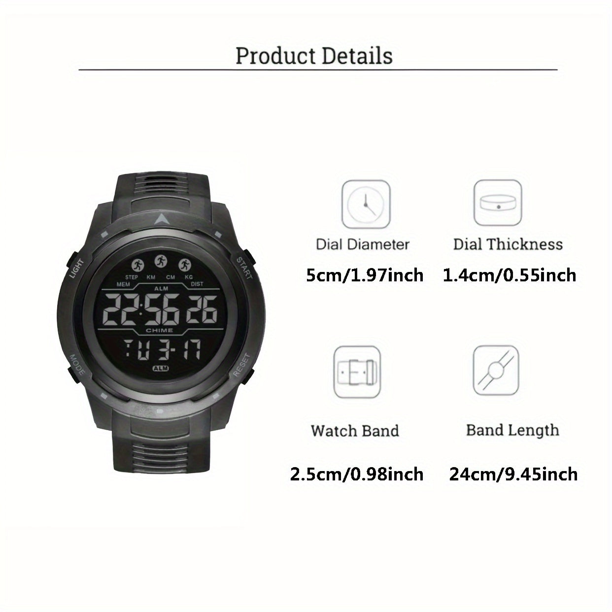 Men's Digital Sports Watch PVC Strap Plastic Case Button Powered