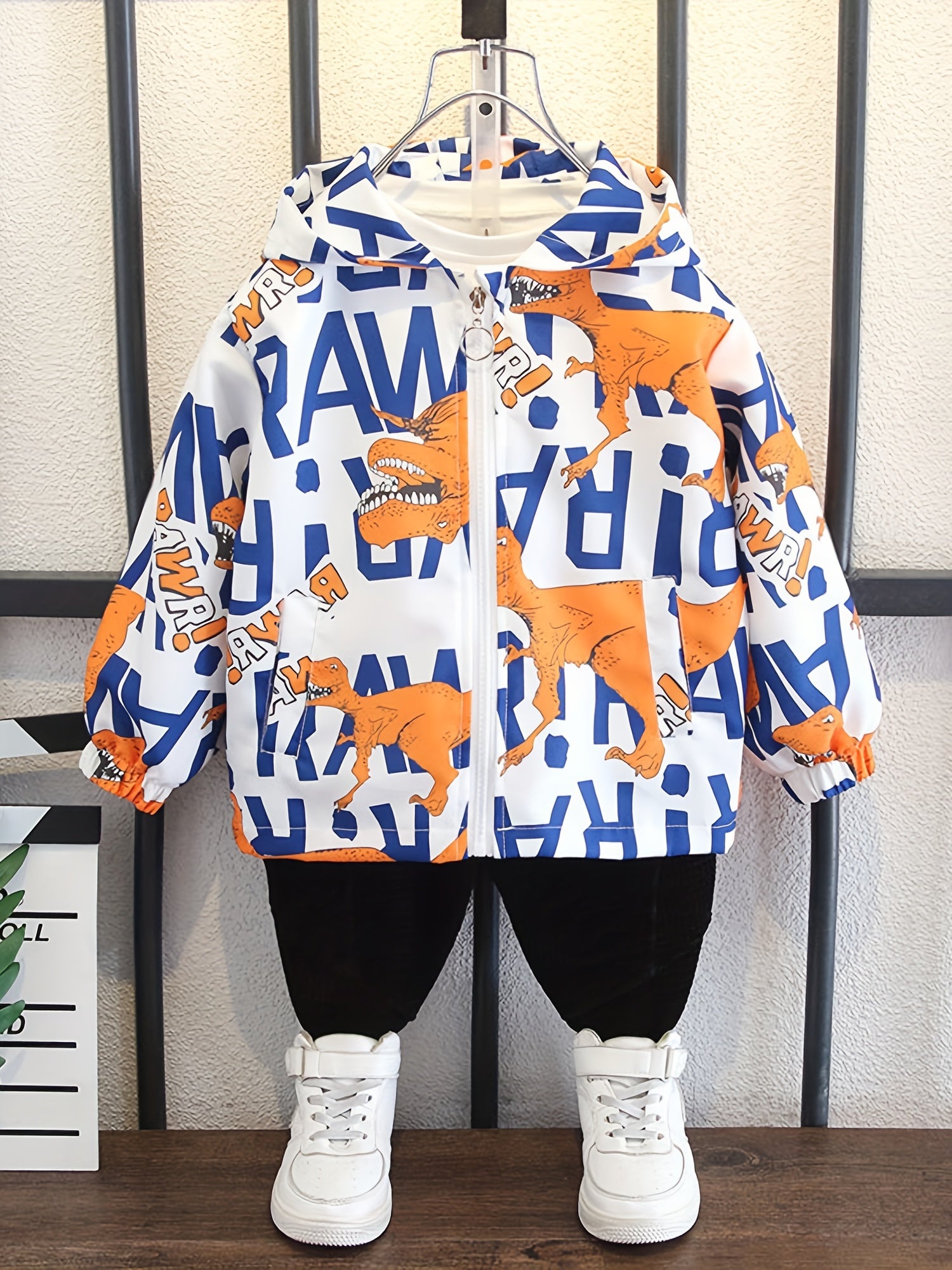 Boys Dinosaur Windbreaker Hooded Jacket Full Print Long Sleeve Zip Up Waterproof