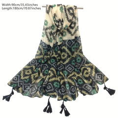 Vintage Geometric Print Scarf Boho Block Tassel Shawl Casual Windproof Head Wrap