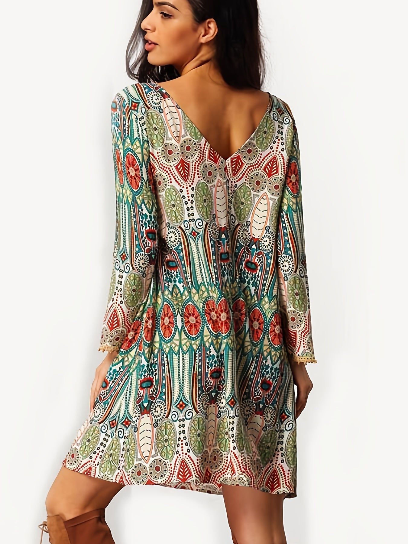 Women's Plus Allover Print Frill Trim Long Sleeve Round Neck Pleated Dress