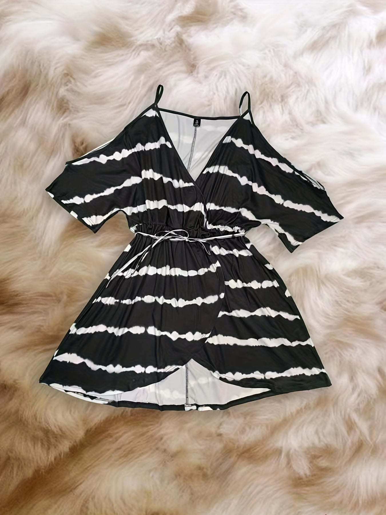  Tie Dye Cold Shoulder Surplice Mini Wrap Dress
