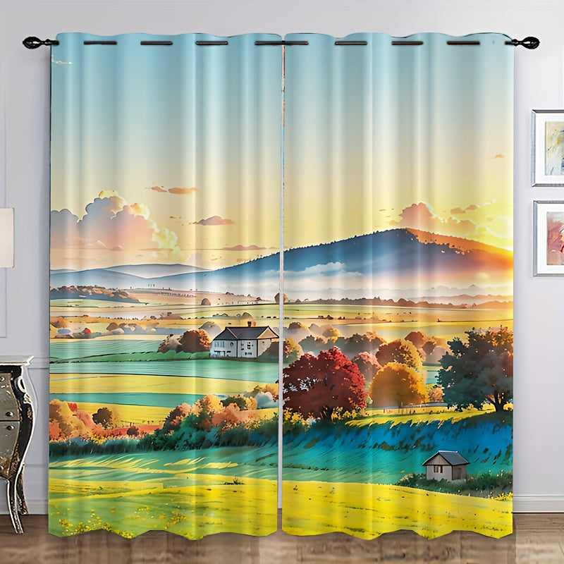 Sunshine Farm Village Pattern Curtain Window Outdoor Blocking Tapestry