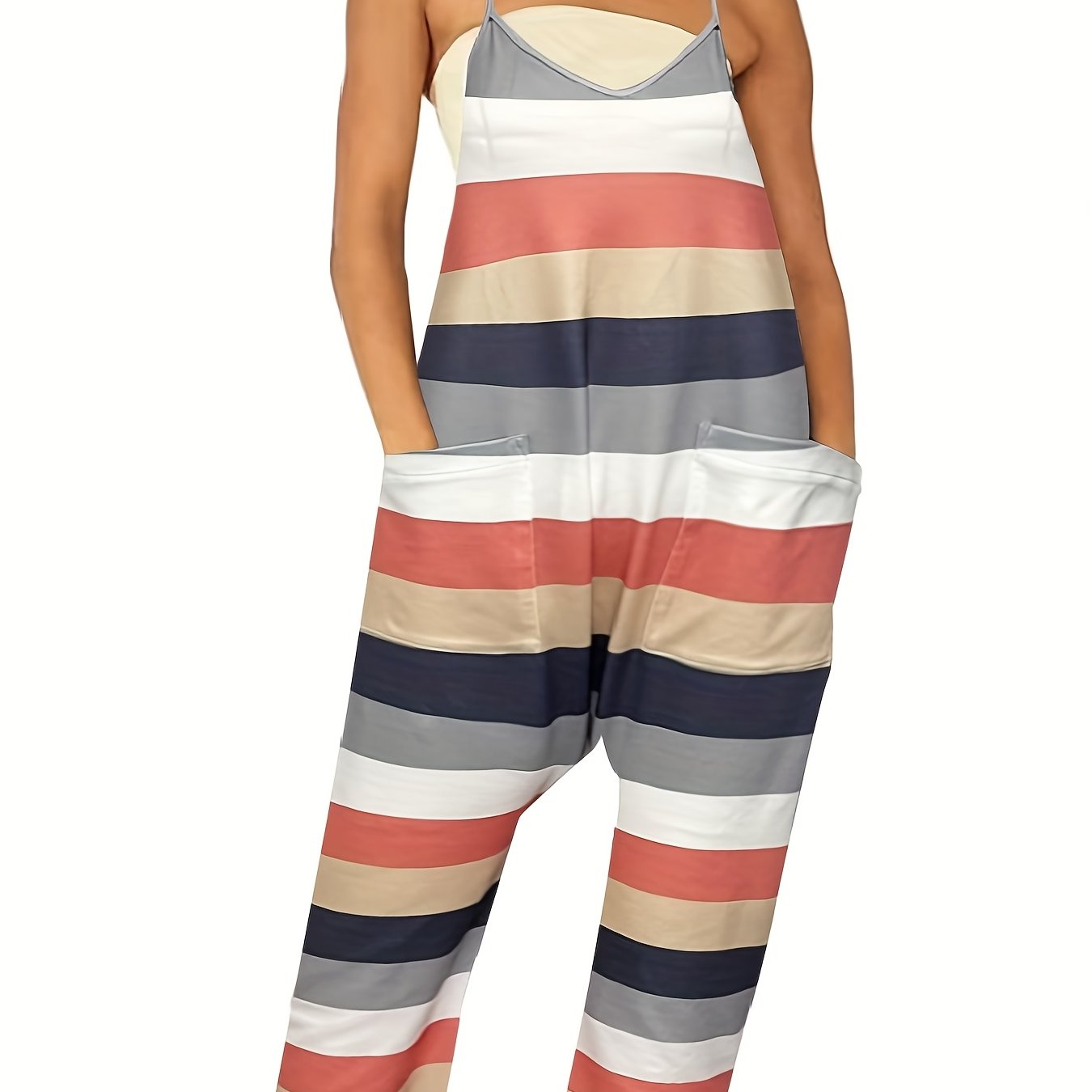 Striped Pattern Sleeveless Jumpsuit Dual Pockets