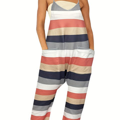 Striped Pattern Sleeveless Jumpsuit Dual Pockets