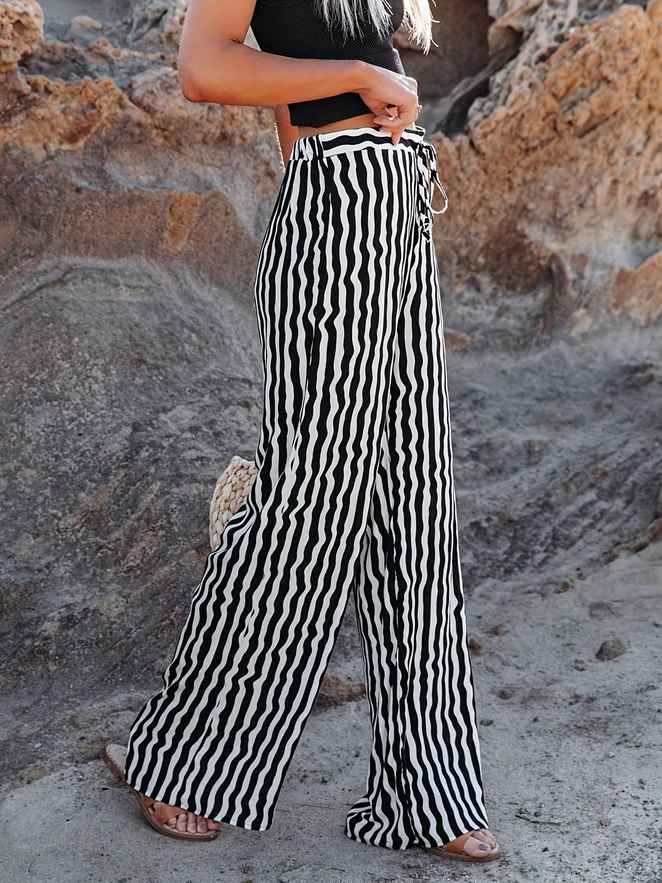  Wide Leg High Stretch Tie Front Loose Pants
